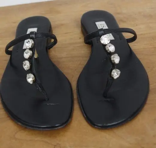 Isaac Mizrahi Italian Made Black Leather Rhinestone Sandals 6.5M