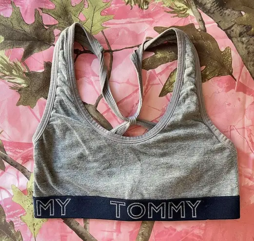 Tommy Hilfiger grey navy cross back cotton sports bra sparkly silver logo