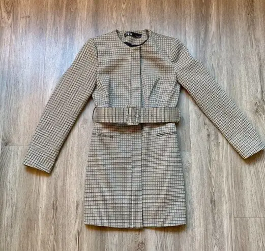 ZARA  Belted Houndstooth Frock Blazer Coat Size S NWOT