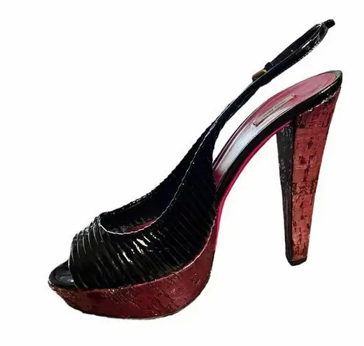 Miu Miu Black Patent Leather Sandals Peep Toe Sling Back Platforms Italy 38.5