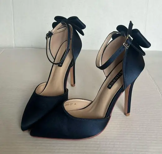 ERIJUNOR High Heel Bow Ankle Strap Evening Party Dance Wedding Satin Sz 6 = Blue