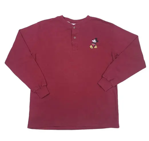 Disney Vintage Mickey Mouse Embroidered Long Sleeve Henley - Red - S