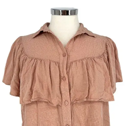 Downeast Pink Ruffled Button-Down Blouse Short Sleeve Size Medium