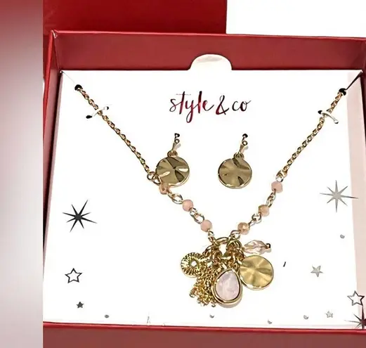 Style & Co NEW Style Co NECKLACE & EARRINGS SET Gold Multi Charm Pendant & Dangle Drops