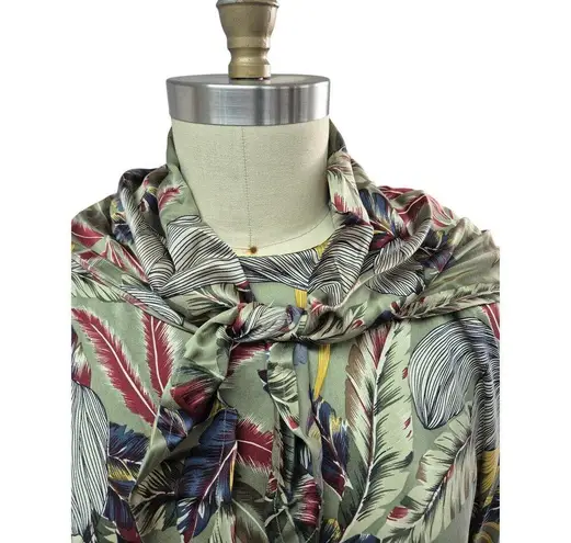 Doncaster Silks 100% Silk Blouse w/ Detachable scarf Tropical Green Print Sz 16