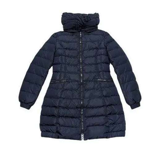 Happy Goat Lucky Down Puffer Coat Long Full Zip Belted Neckline Hooded Winter Blue Size 4