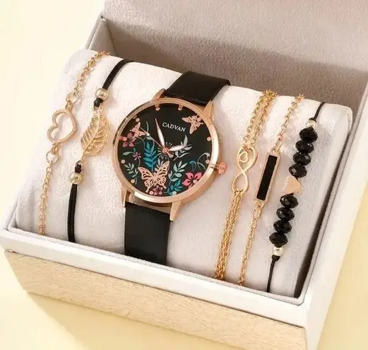 Women Fashion Casual Leather Belt Watches Ladies Starry Sky Butterfly Dial Quar Gold