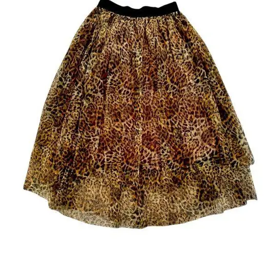Y2K Sheer Leopard Print Mesh Tiered MIDI Skirt Sz S Animal Full Ballet Lined Brown