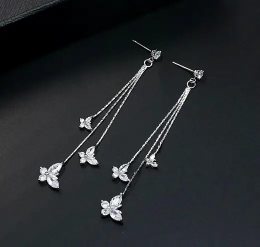 925 Silver Needle Crystal Butterfly Long Tassel Dangle Drop Earrings for Women