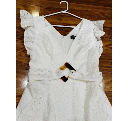 PATBO romantic ruffle sleeve Belted Eyelet Midi Dress In White sz 4