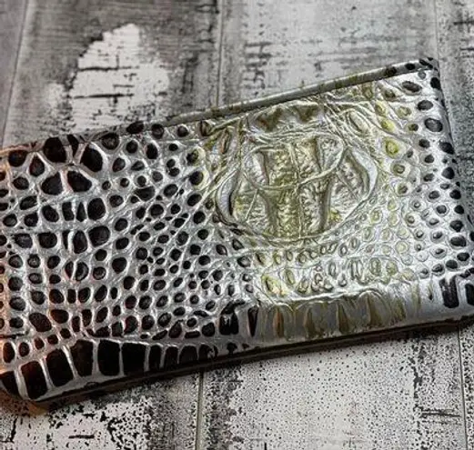 Gold, silver and deep bronze metallic crocodile print wristlet 10” x 6” approx