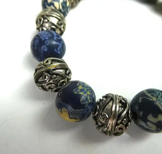 Adjustable Blue Round Beaded Bracelet Filigree Floral Silver Tone Yellow Beads Blue