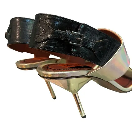 Missoni Shiny Gold with Black Buckle Slingback Sandals, Sz 37