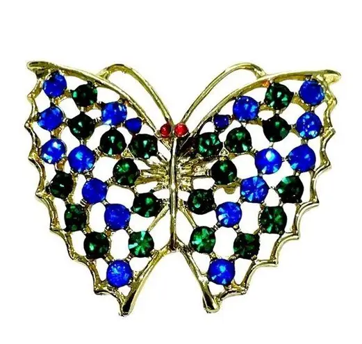 Elegant Gold Butterfly Brooch with Blue and Green Accents