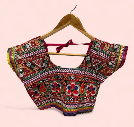Handmade Cute Indian chaniya crop top tie back embroidery ribbon trim rainbow