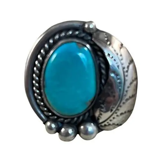 Vintage Turquoise Sterling Silver Native American Navajo Ring Sz 6.5 Blue