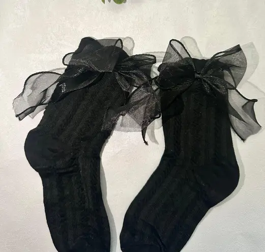 Handmade Black Socks with oversized organza Bow – Cotton blend 🎀