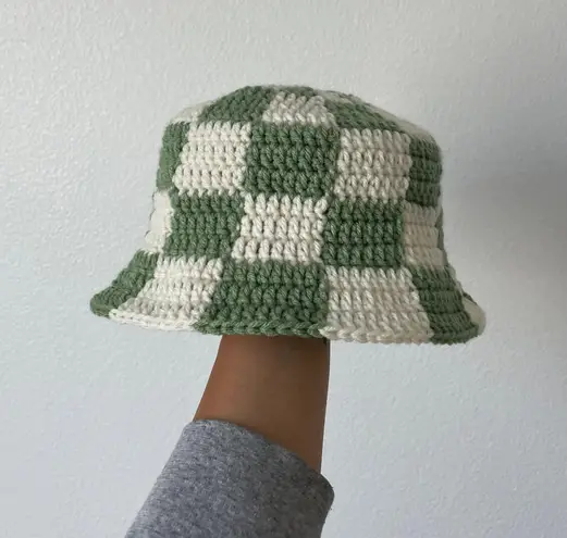 Handmade Green & White Checkered Crochet Bucket Hat