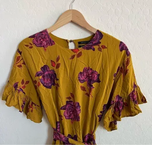 Urban Outfitters UO Yellow and Purple Floral Suddenly Spring Linen Ruffle Tie mini Dress