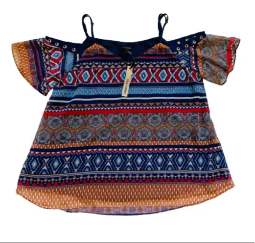 Coco + Carmen Top Blouse Siren Vibrant Print Short Sleeve Cold Shoulder L/XL NEW