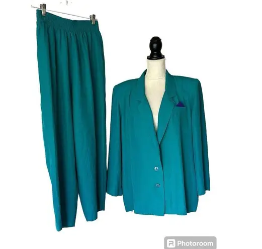 Vintage 90s Two Piece Lifestyle Green Pant And Jacket Set Open Front Shoulderpad Size 14