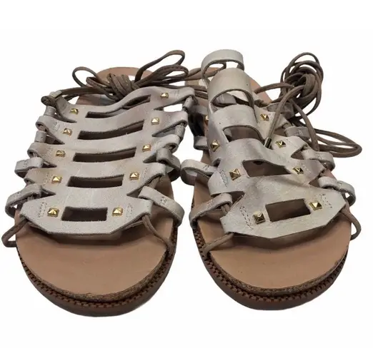 Klub Nico Gladiator Sandal Studded Leather Lace Up Cork Flat Beige Womens Size 8 Tan