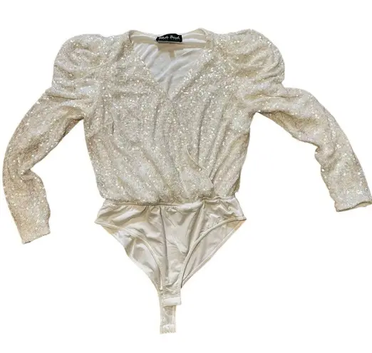 White Birch White Sequin Bodysuit Size L Puff Sleeve V Neck Holiday Party Fairy