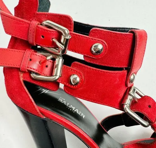Balmain Giuseppe Zanotti For Red Suede Buckle Strappy Sandals Size 38