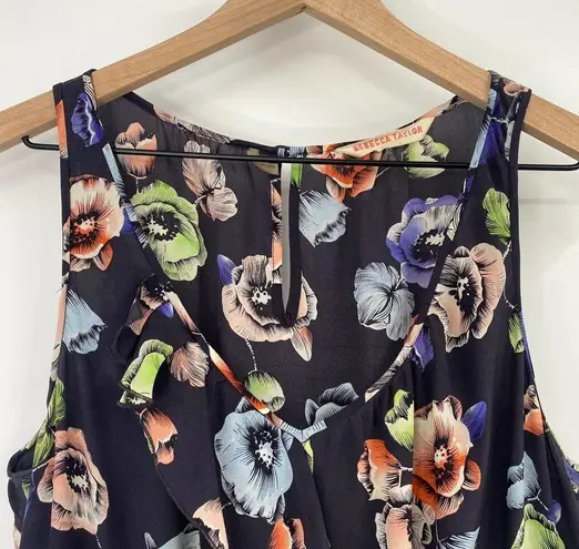 Rebecca Taylor Fit & Flare Dress Silk Sheer Navy Floral Print Sleeveless Women 8