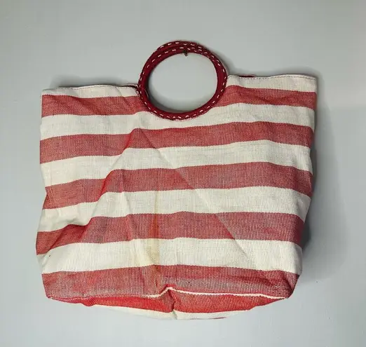 CRABTREE & EVELYN Red White Striped Wrapped Circular Handles Beach Tote Hand Bag