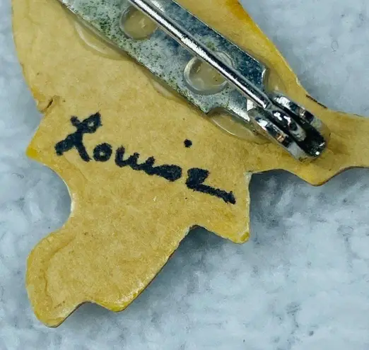 Vintage Die Cut Bird Jewelry Pin Brooch Marked Louise Handwritten Fall Colors