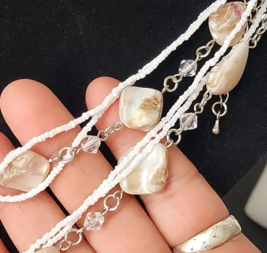 Beachy Natural Shell White Sead Bead and Crystal Long Necklace with Matching Ea… Silver