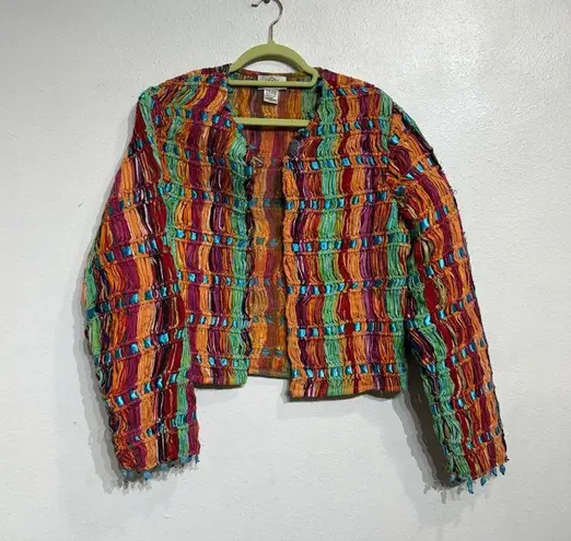 Sandy Starkman Rainbow Striped Vintage Knotted Woven Mesh Fringe Jacket Sz M Pink Size M - Image 2