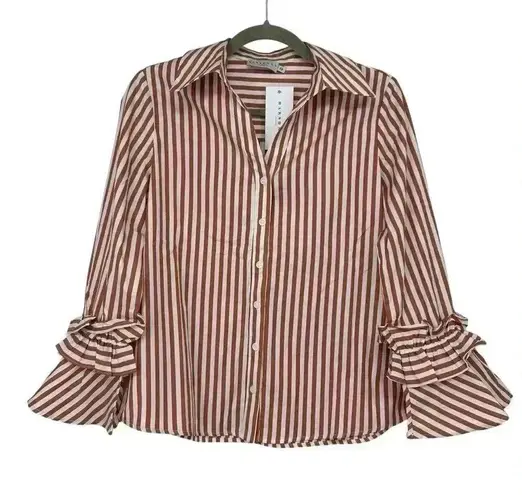 HARSHMAN SHIRT WOMEN’S XS BROWN STRIPED BUTTON DOWN FLARED SLEEVE COTTON NWT