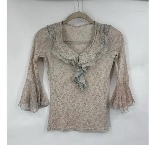 Fairy Whimsical Milkmaid Prairie Blouse Women XSmall Beige Ruffle Ethereal Boho Size XS