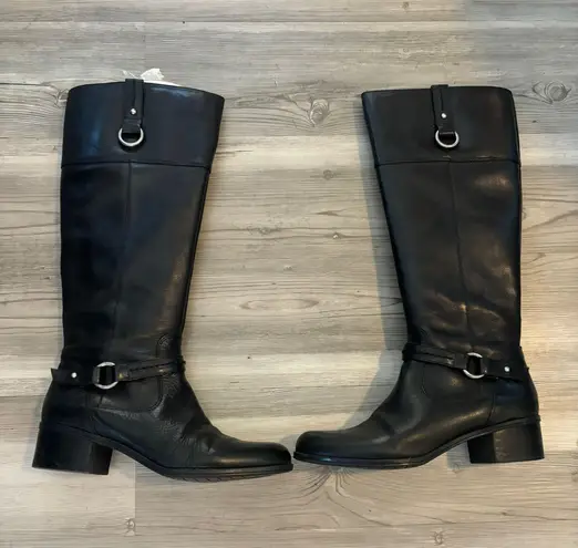 Bandolino Cavana Black Leather Riding Boots Size 8.5 w/buckle Detail