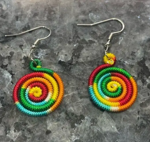 Rainbow circular embroidered fabric earrings / NWOT Red