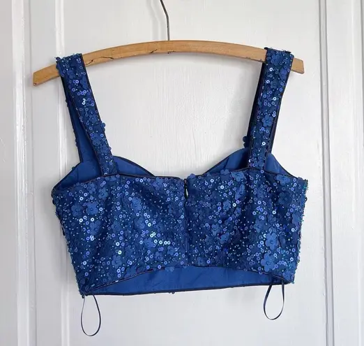 Dress the Population • beaded crop top midnight blue floral applique bustier