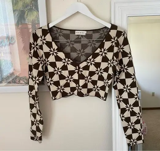 Rhode Ida Cropped Jacquard Long Sleeve Knit Sweater Top Size Small Brown