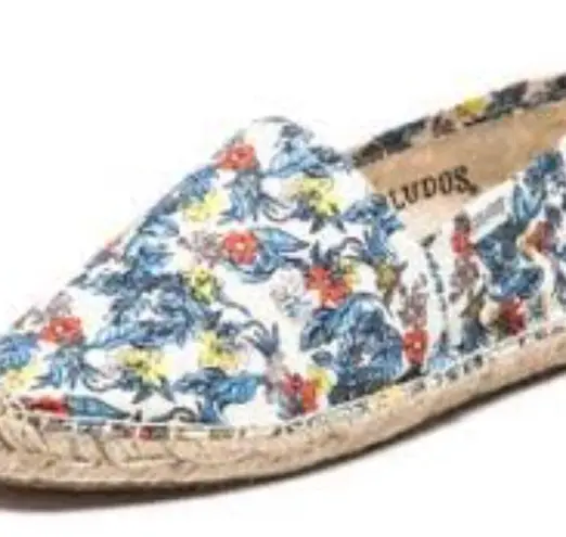Soludos Multicolored Floral Leaf Print Canvas Jute Slip On Flat Espadrilles