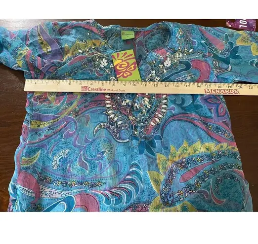 Resort Boho Cleopatra Beach Cover Up Vibrant Semi Sheer Small NWT Swimwear Blue