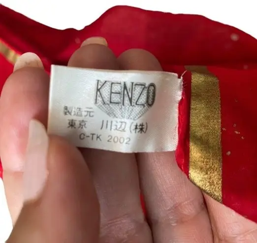 Kenzo Womens 100% Silk Tie Neck Hair Fashion Scarf Bright Red Gold Accent Square