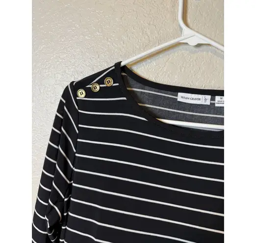 Susan Graver Black White Striped Dress Gold Button Detail Womens