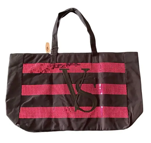 Victoria's Secret NWT--LARGE TOTE/OVERNIGHT BAG Large black and pink sequin tote, large tote or overnight bag, zip top closure, large black VS logo on front, brand new with tags, measures 24x14x6 inches.