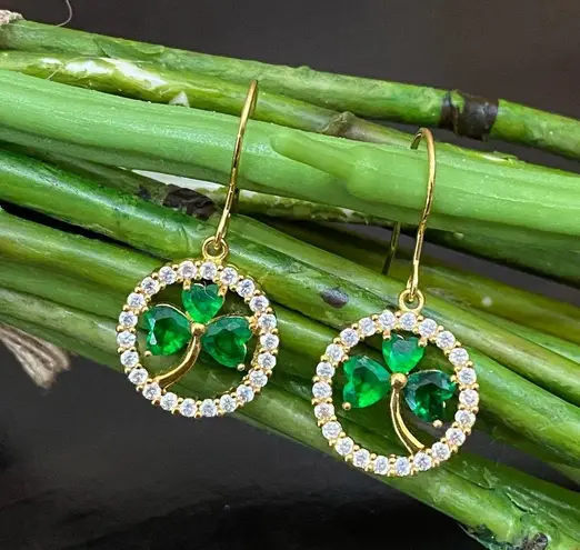 Goldplated CZ Emerald Green Crystal Glass Shamrock Lucky Clover Leaf Earrings