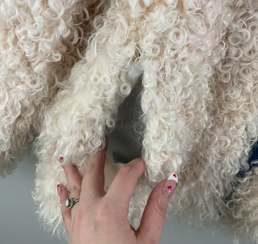 Vintage Y2K Reversible Denim Cream Curly Mongolian Lamb Sheep Fur Jacket Tan Size 6