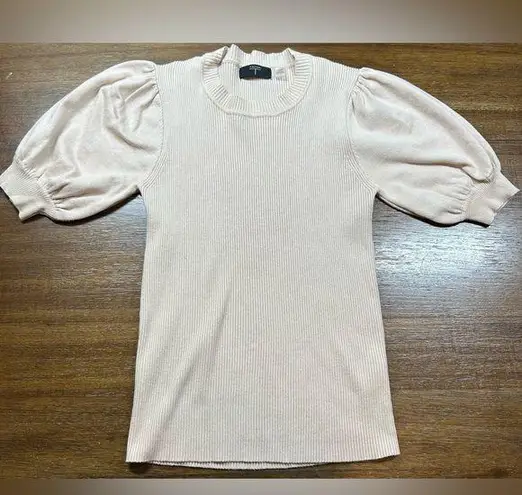 T Tahari Size M Ribbed Short Puff Sleeve Sweater Viscose Blend Tailored Blouse