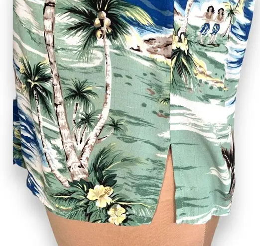 Vintage Kauaiana Top Green Blue Tropical Palm Print Flower Detail Short Sleeve
