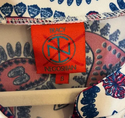 Tracy Negoshian Blouse Ocean Paisley Button Neck Tunic Top Sz S EUC