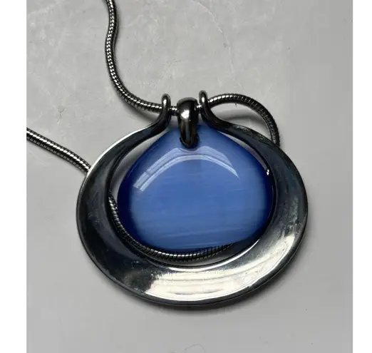 Lia Sophia Bayside Necklace Silver Blue Fiber Optic Stone Pendant Snake Chain